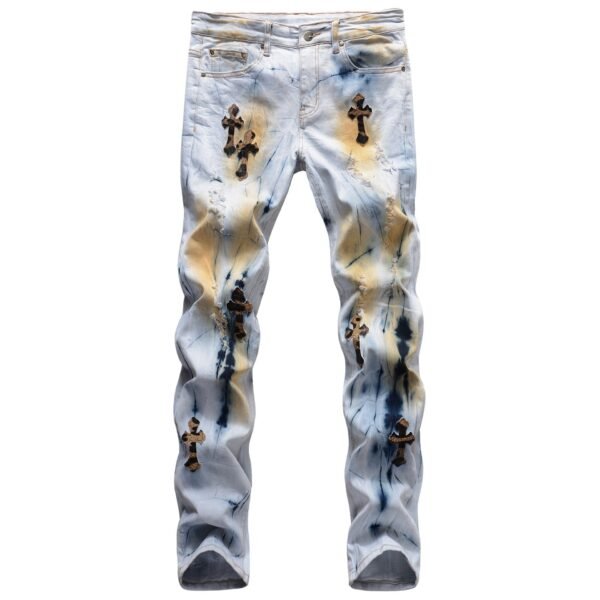 Cross Elasticity Slim Fit Hand Painted Ripped Jeans