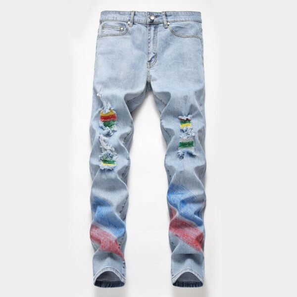 Painted lacquered ripped jeans stretch men's trousers