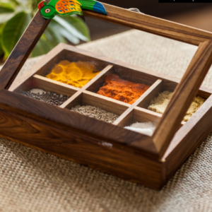 Teak Wood Bird Of Aromas Spice Box (6 Compartments)