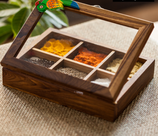 Teak Wood Bird Of Aromas Spice Box (6 Compartments)