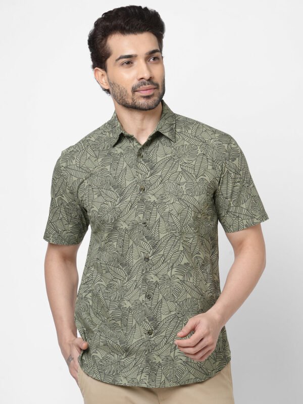 Men's Cotton Green Floral Printed  Regular Fit Shirt