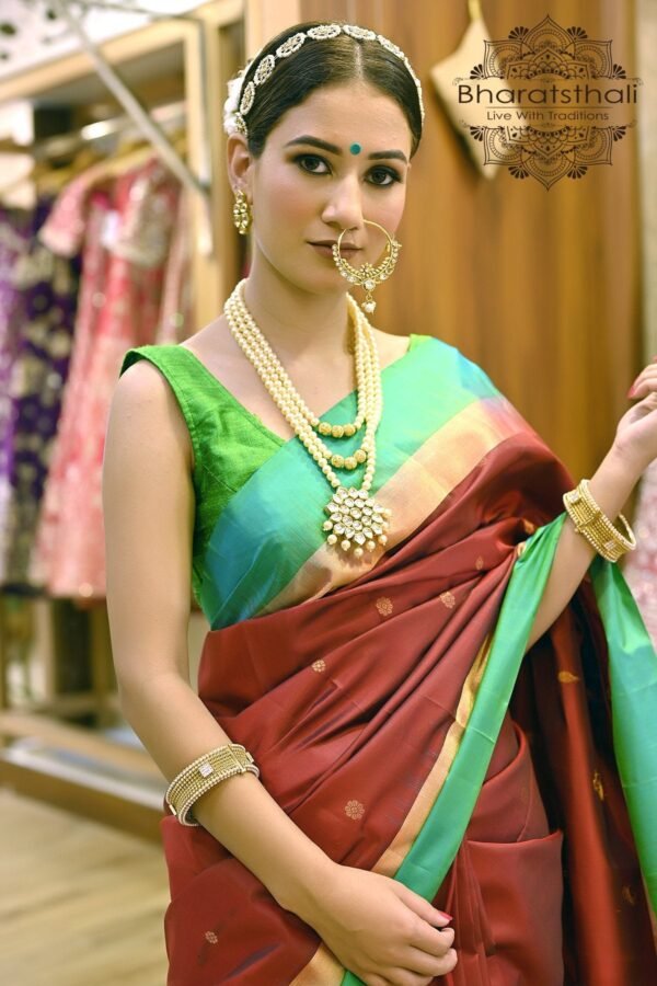 Maroon Saree with Green Pallu Pure Kanjeevaram Silk Saree