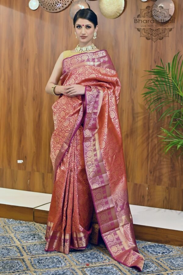 Strawberry with Purple Color Bridal Silk Saree with the Richness of Golden Zari