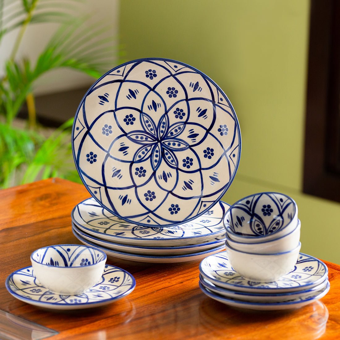 Hand Glazed Dinner Plates With Side/Quarter Plates & Katoris In Ceramic (12  Pieces, Microwave Safe)