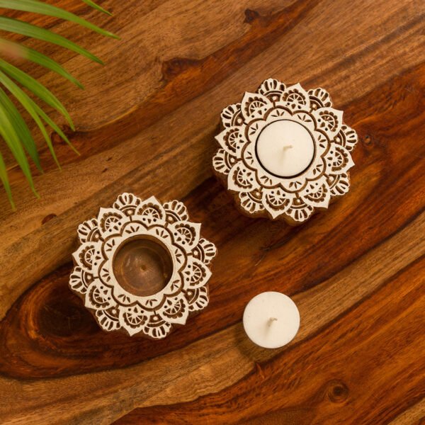 Lustrous Flower Hand-Carved Blocks Tea-Light Holders In Sheesham Wood (Set of 2)