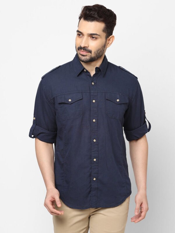 Men's Linen Cotton Navy Regular Fit Shirt