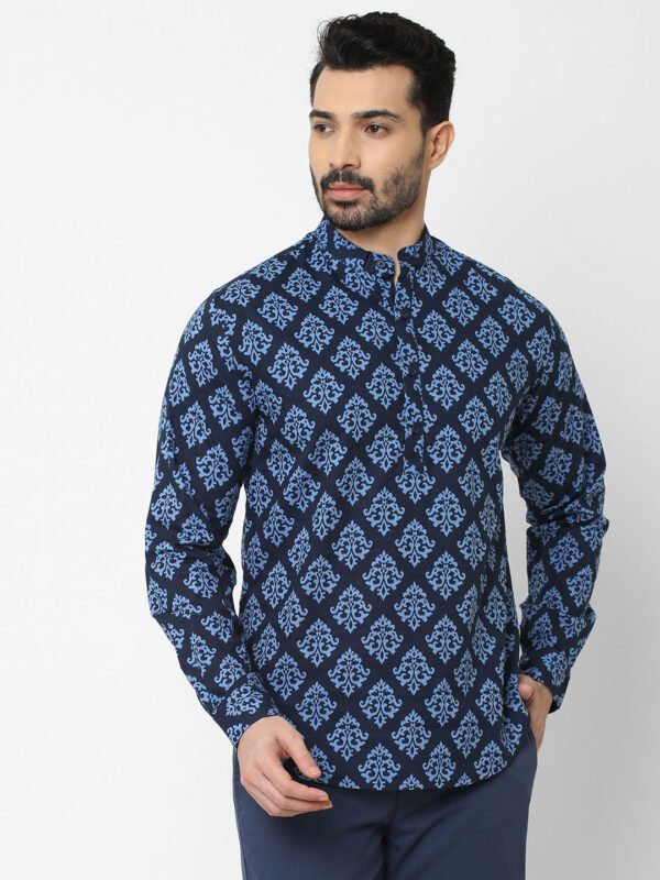 Men's Cotton Navy Regular Fit Mandarin Collar Printed Kurta Shirt