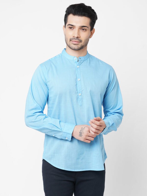 Men's Cotton Sky Regular Fit Mandarin Collar Kurta Shirt