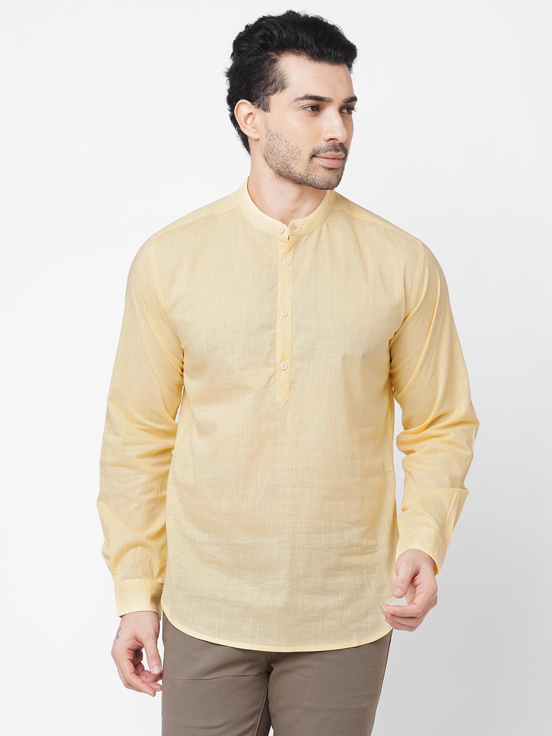 Men’s Cotton Yellow Regular Fit Mandarin Collar Kurta Shirt – chandogi.com