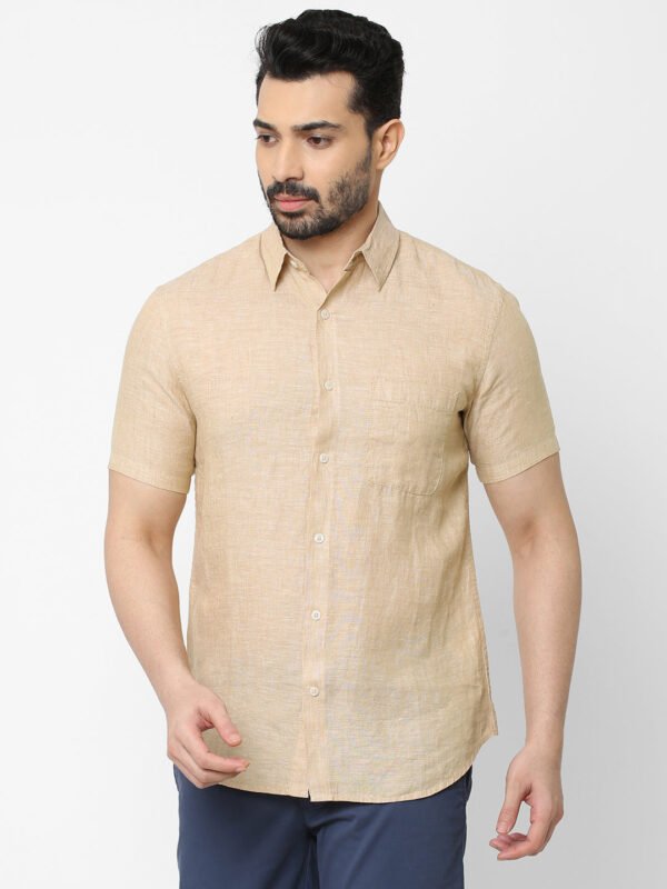 Men's 100% Linen khaki Short Sleeved Regular Fit Shirt