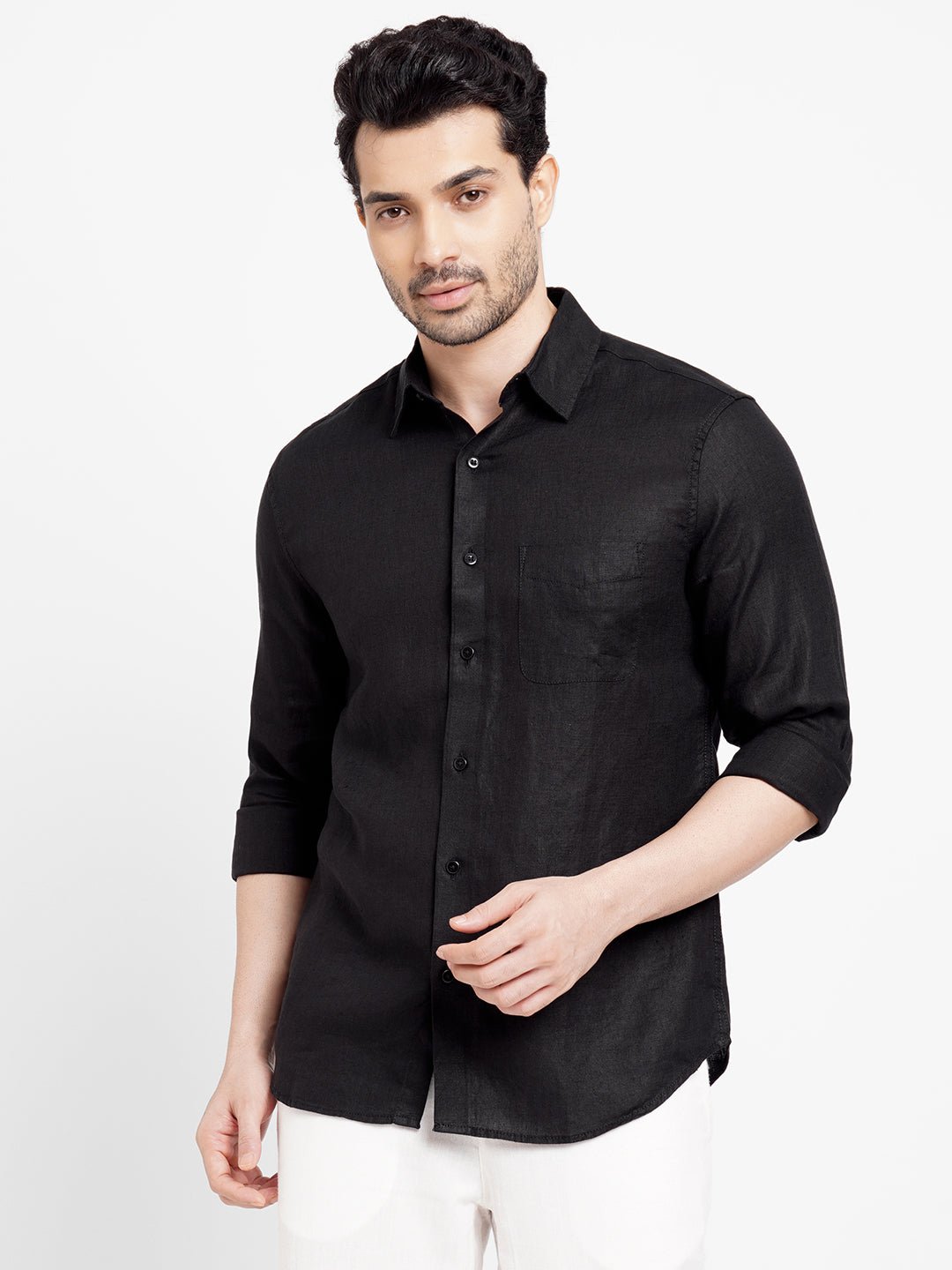 Men’s 100% Linen Black Regular Fit Long Sleeve Shirt – chandogi.com