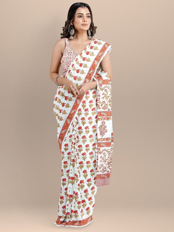 White Color Pure Cotton Floral Print Handloom Saree