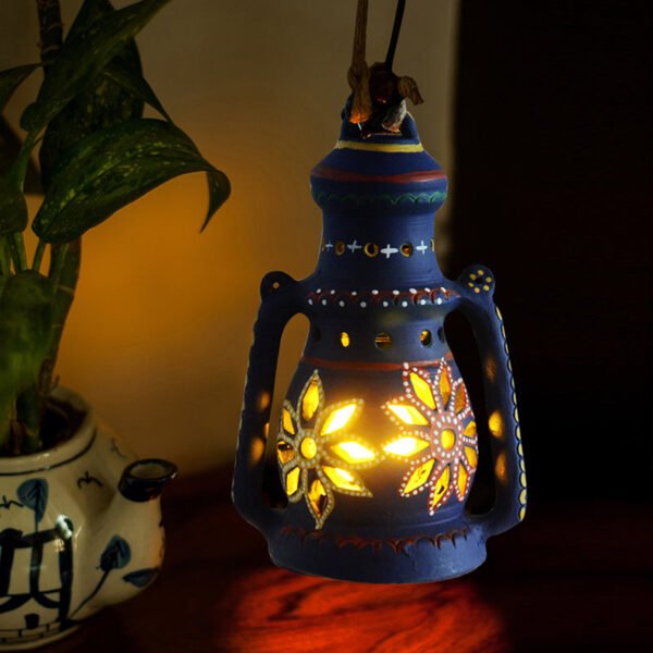 9 Inch Terracotta Lantern Handpainted Blue