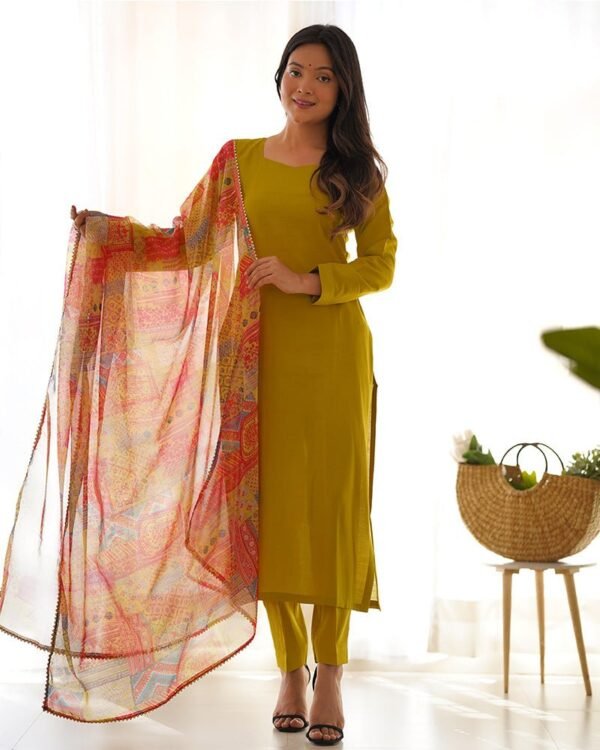 Yellow Color Viscose Ready To Wear Three Piece Kurti Suit