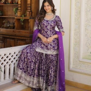 Wine Color Viscose Jacquard Three Piece Gharara Suit
