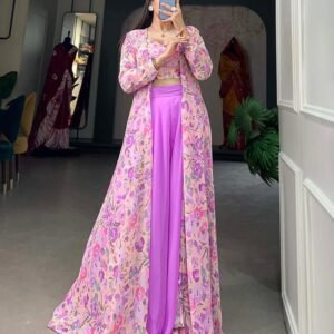 Lavender Color Georgette Printed Shrug With Plazzo Suit