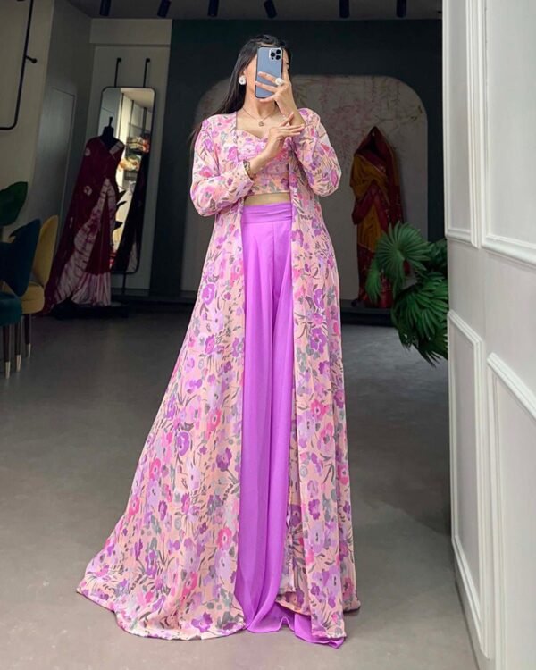 Lavender Color Georgette Printed Shrug With Plazzo Suit