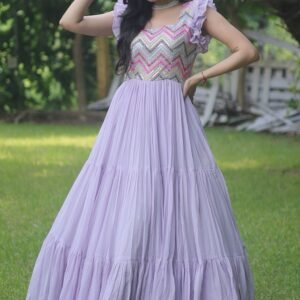 Lilac Purple Square Neck Georgette Anarkali Gown Sangeet Wear