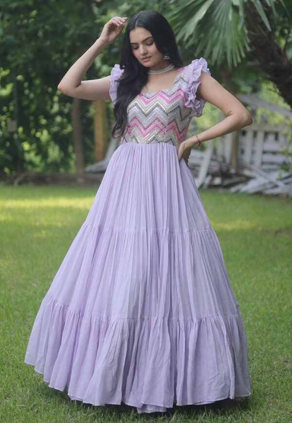Lilac Purple Square Neck Georgette Anarkali Gown Sangeet Wear