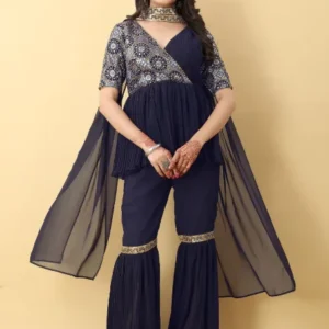 Navy Blue Georgette Pleated Embroidery thread Royal Sharara