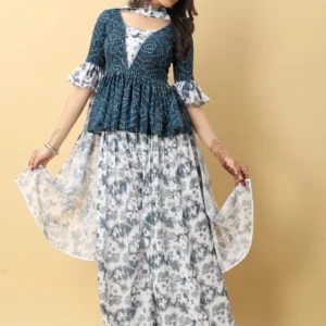 Rama Blue Peplum Style Bandhej Sharara