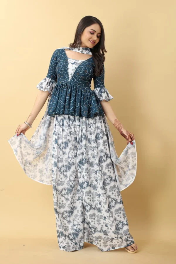 Rama Blue Peplum Style Bandhej Sharara