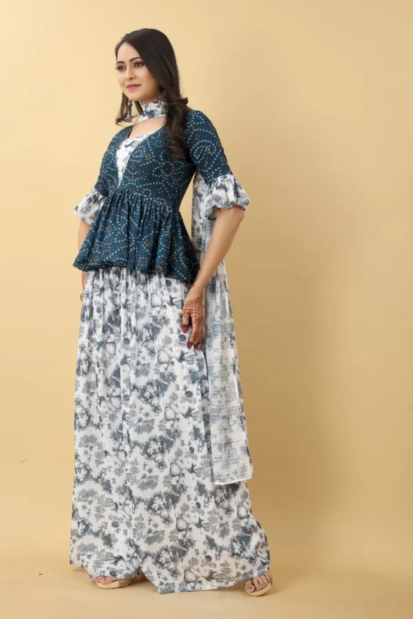 Rama Blue Peplum Style Bandhej Sharara - Image 2