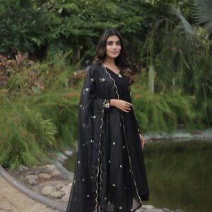 Alia Cut Black Georgette Anarkali With V Neck Pattern