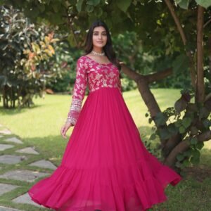 Beautiful Rani Pink Georgette Gown For Women Ready-Made