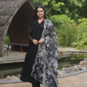 Black Georgette Anarkali With Floral Dupatta