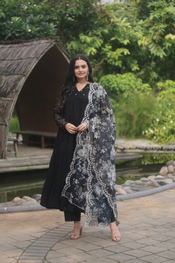 Black Georgette Anarkali With Floral Dupatta