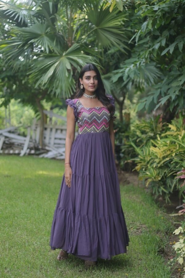 Ultra Violet Square Neck Georgette Anarkali Gown Sangeet Wear