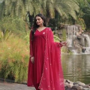 Alia Cut Rani Pink Georgette Anarkali With V Neck Pattern