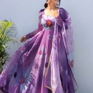 Purple Color Trendy Sunflower Digital Print Gown And Dupatta Collection