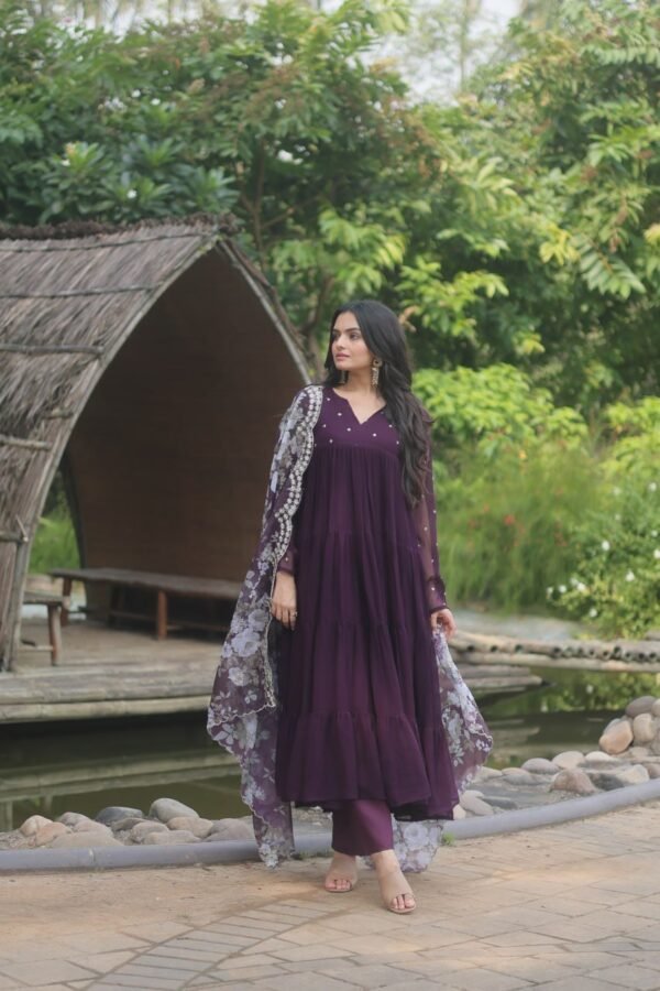 Purple Georgette Anarkali With Floral Dupatta