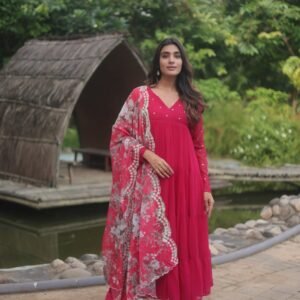Rani Pink Georgette Anarkali With Floral Dupatta