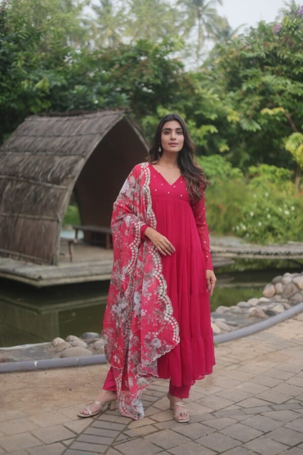 Rani Pink Georgette Anarkali With Floral Dupatta