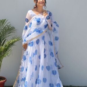 White & Sky Printed Beauty Gown And Four Side Golden Gotta Lace Border Dupatta Collection