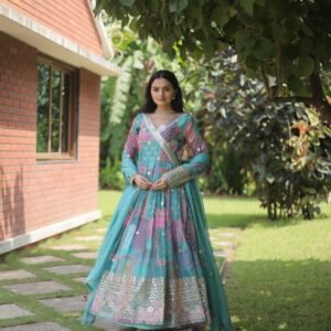 Aesthetic Printed Anarkali Gown For Women in Sky Blue Hue