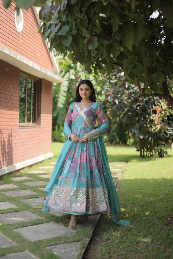 Aesthetic Printed Anarkali Gown For Women in Sky Blue Hue