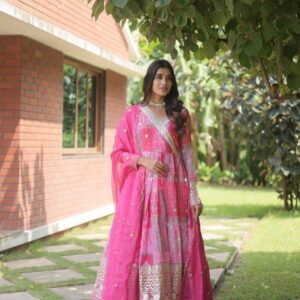 Aesthetic Printed Anarkali Gown For Women in Pink color