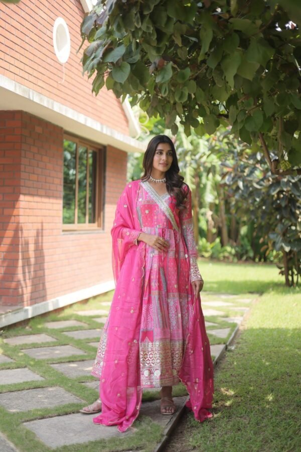 Aesthetic Printed Anarkali Gown For Women in Pink color